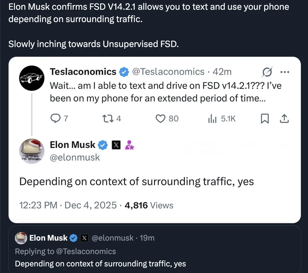Tesla Cybertruck FSD v14.2.1 allows texting and driving "depending on surrounding traffic" - confirms Elon Musk Screenshot 2025-12-04 at 9.43.02 AM