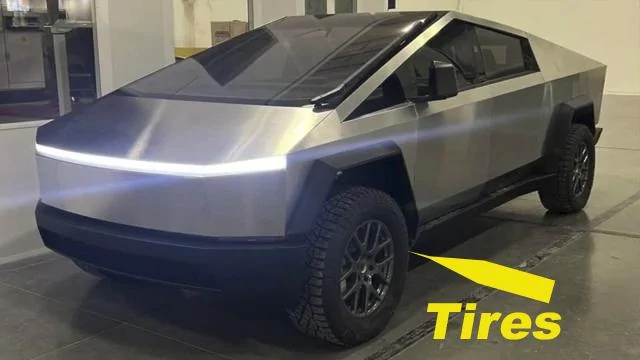 Tesla Cybertruck Which tires are on Cybertruck in leaked images?  Goodyear Wrangler Territory?? Tires