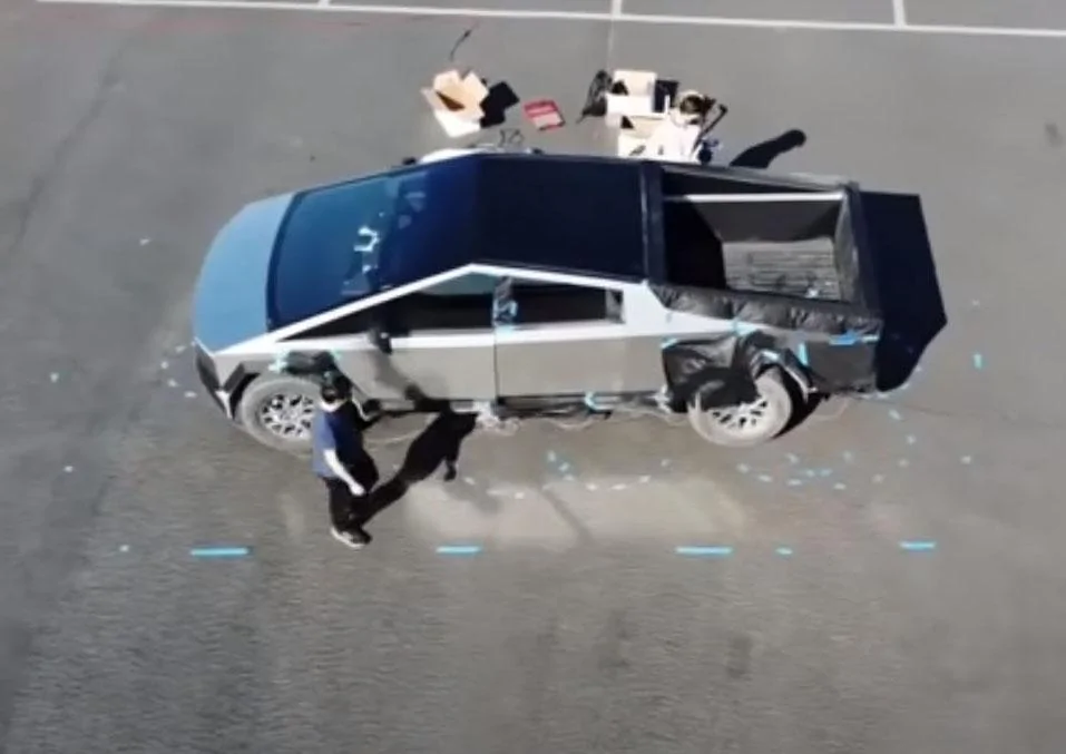 Tesla Cybertruck Cybertruck prototype spotted again on Fremont track. (2/7/2022) Drone Video View (cropped)