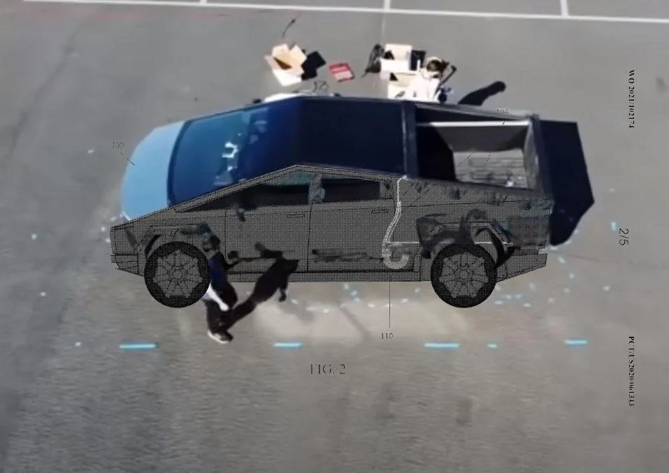 Tesla Cybertruck Cybertruck prototype spotted again on Fremont track. (2/7/2022) Patent Image Overlay