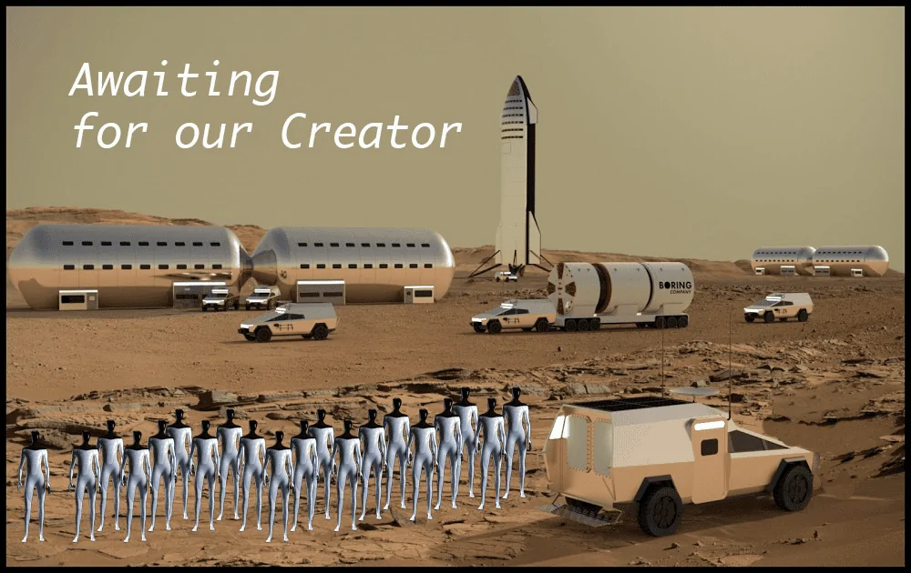 Tesla Cybertruck Tesla Optimus Bot first Colony on Mars Mars base bot waiting for creator