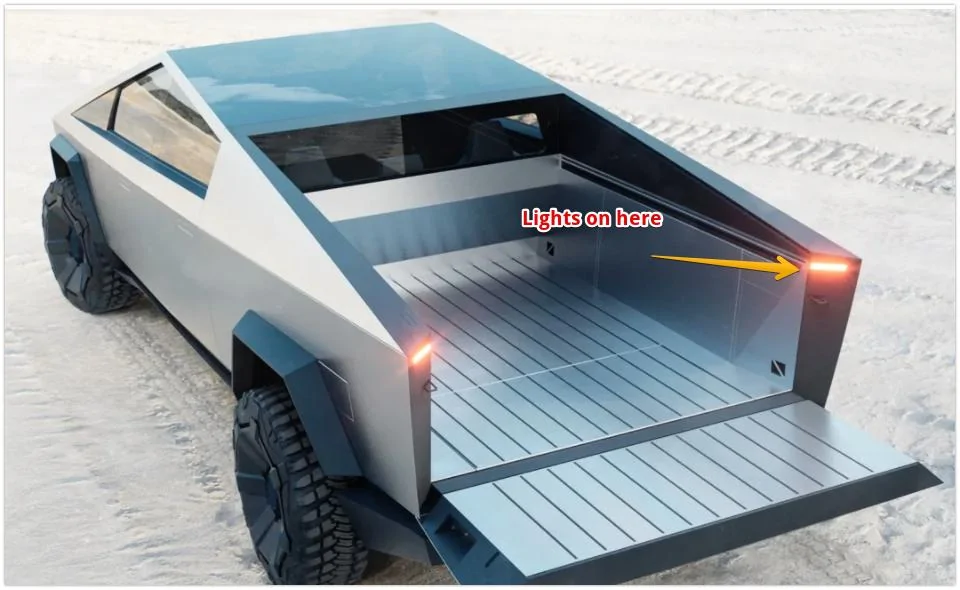 Tesla Cybertruck Leak images of Cybertruck analysis Tail Gate Lights lights on her