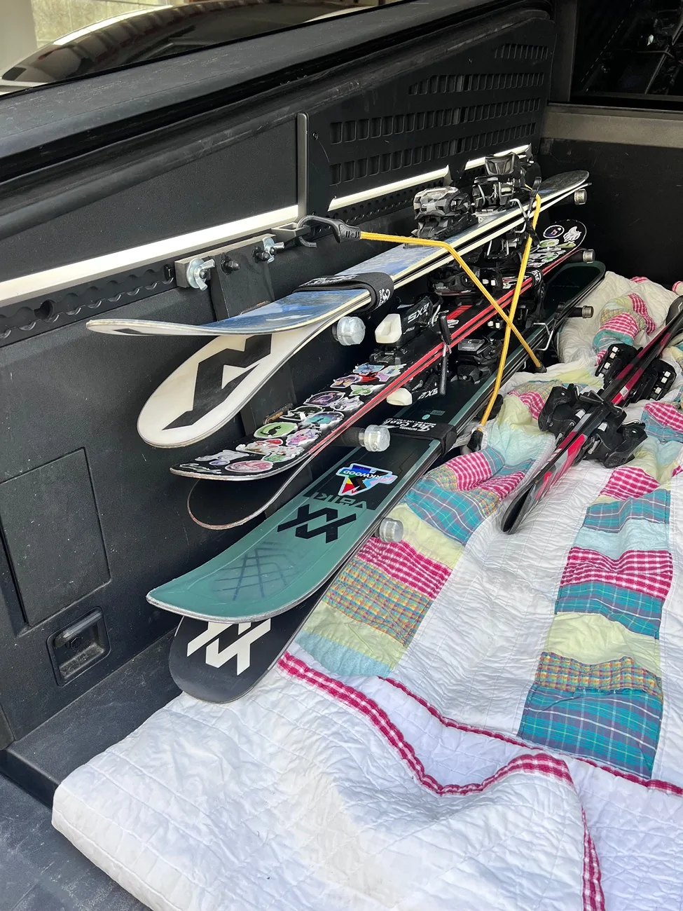 Tesla Cybertruck Snowboard / ski rack attached to L-track bed build 🏂 IMG_1815
