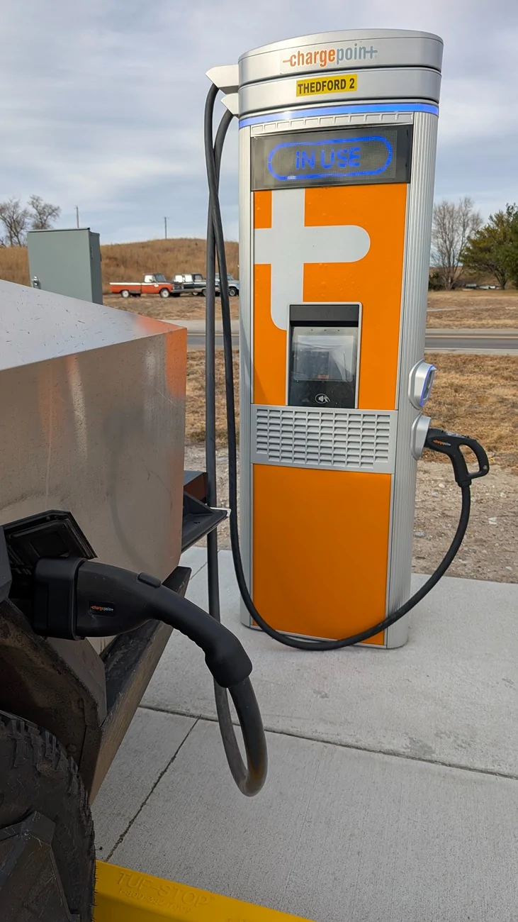 Tesla Cybertruck Chargepoint CCS1 reliability during winter road-trip through rural Nebraska? PXL_20251211_203302619