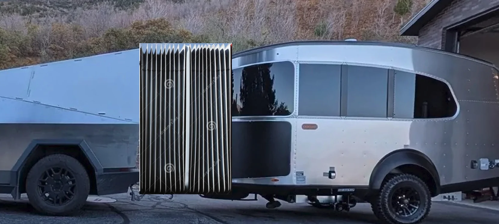 Tesla Cybertruck Camping trip towing trailer (Braxton Bushwacker) towing trailer with wind deflector 