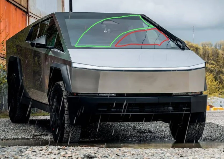 Tesla Cybertruck Windshile wiper holes for the washer fluid.  Why are they evenly spaced? 1767986209586-bs