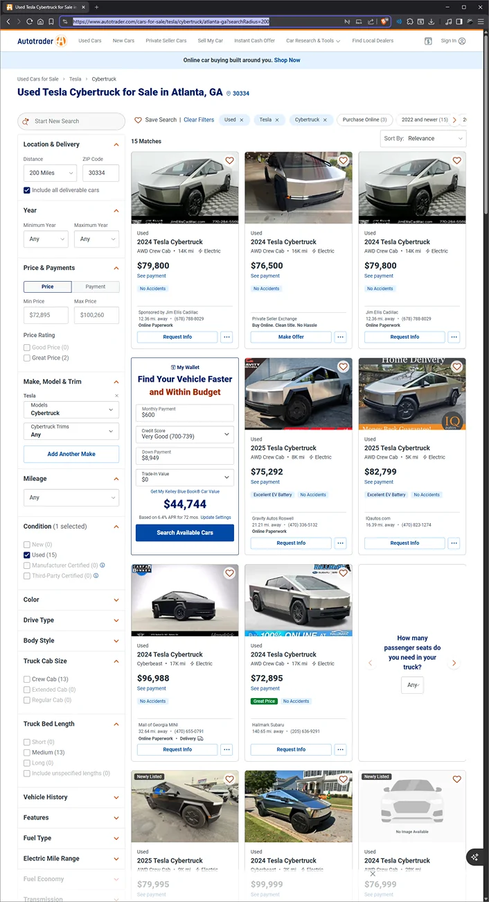 Tesla Cybertruck Car Max offered $66K for a 2024 dual motor Cybertruck with 14,600 miles Screenshot 2026-01-12 194917