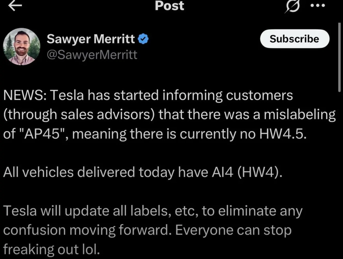 Tesla Cybertruck AI4.5 Hardware being delivered. News on Cybertrucks with them? Screenshot_20260129-024244