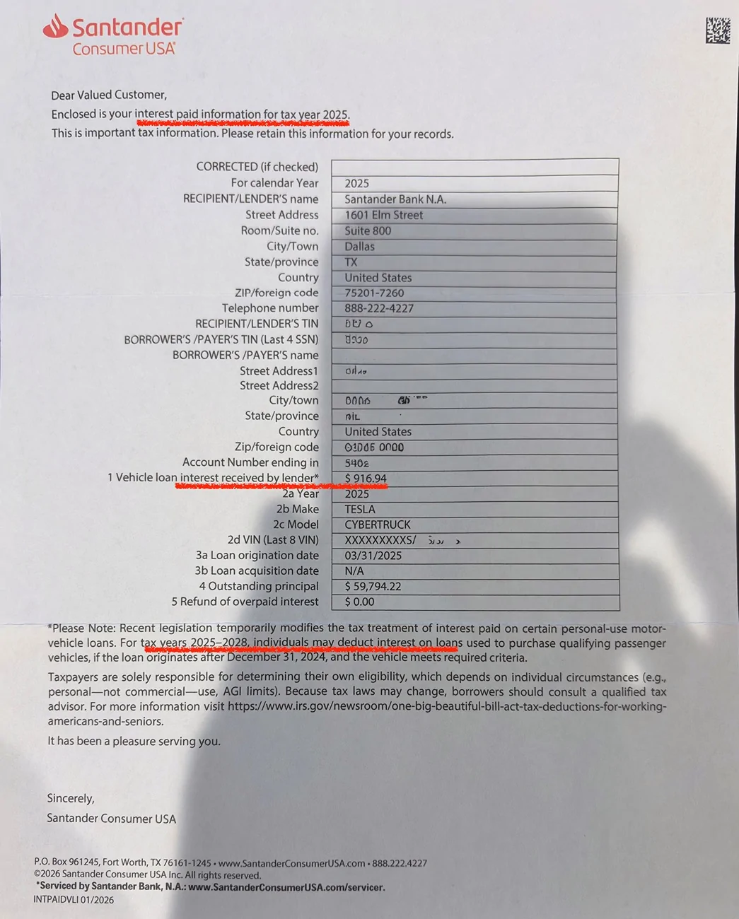Tesla Cybertruck Just received CT loan interest info from bank... (vehicle interest deduction) IMG_2183