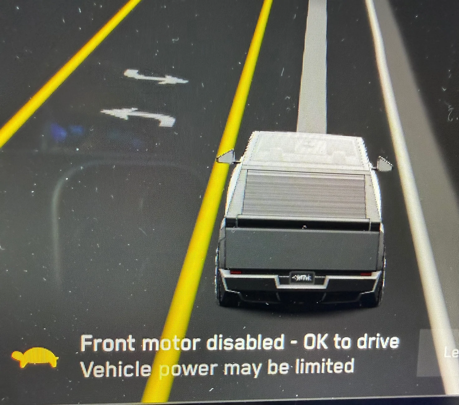 Tesla Cybertruck Error msg: " Front motor disabled-Ok to drive" IMG_5073