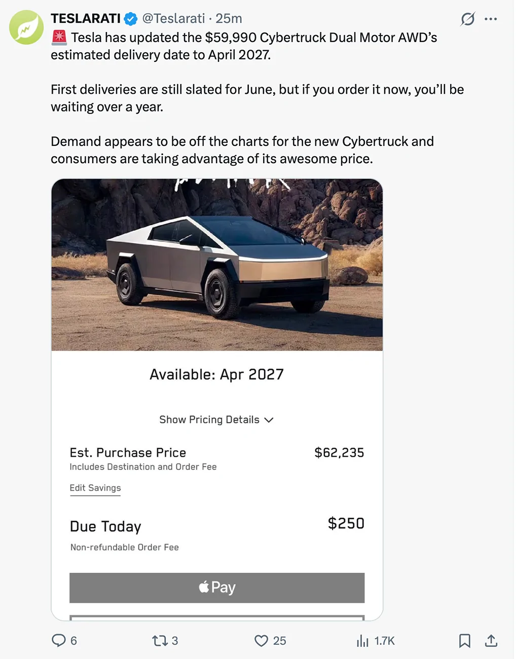 Tesla Cybertruck $59,990 Dual Motor AWD Cybertruck announced! (Estimated Delivery Date Now 2027!) 1772146652358-jr