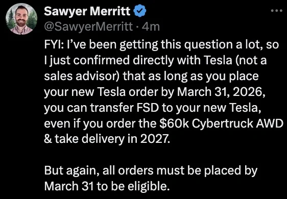 Tesla Cybertruck [UPDATE: NO LONGER APPLIES] Cybertrucks ordered by 3/31/26 qualify for FSD transfer (confirmed) Screenshot 2026-02-26 at 6.17.03 PM