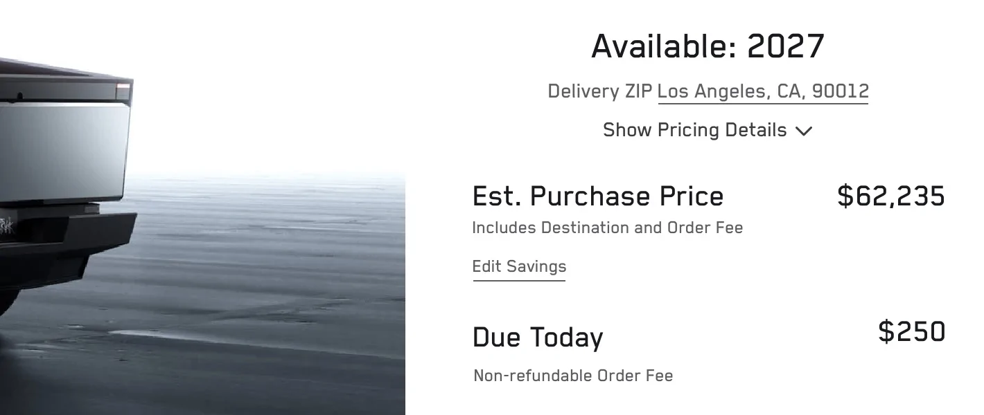 Tesla Cybertruck Rebuilding the million order queue, est. delivery is now [blank] for Cybertruck AWD 2027