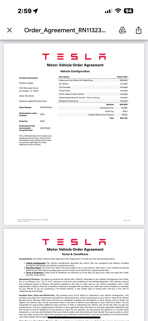 Tesla Cybertruck My Feb. 27 order's delivery date is first quarter of 2027 IMG_2113