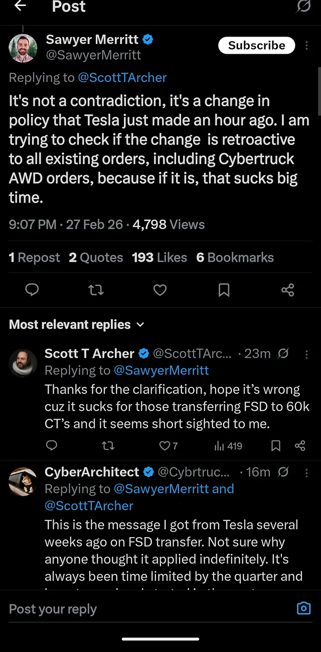 Tesla Cybertruck [UPDATE: NO LONGER APPLIES] Cybertrucks ordered by 3/31/26 qualify for FSD transfer (confirmed) Screenshot_20260227-213643