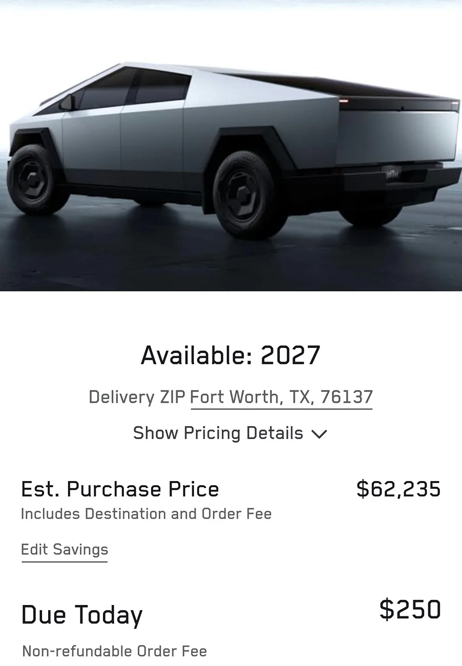 Tesla Cybertruck Standard AWD $69,990 Delivery 2027 Screenshot_20260228_232811_Samsung Internet