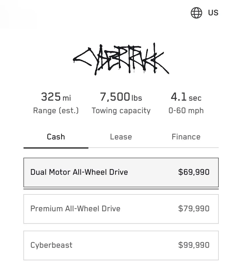 Tesla Cybertruck Standard AWD $69,990 Delivery 2027 n