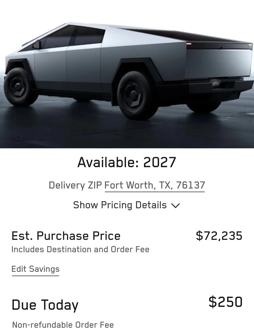 Tesla Cybertruck Standard AWD $69,990 Delivery 2027 Screenshot_20260301_021832_Samsung Internet