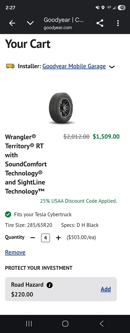 Tesla Cybertruck PSA - those with USAA bank have current 25% off offer from Goodyear tire Screenshot_20260305_142740_Chrom
