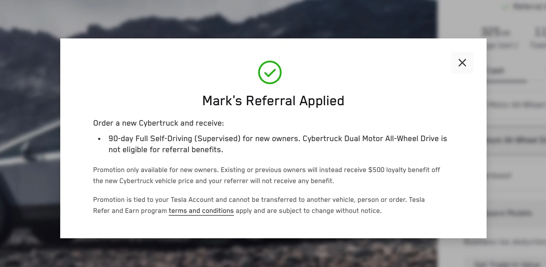 Tesla Cybertruck $1,000 Referral discount gone on all Tesla vehicles ref