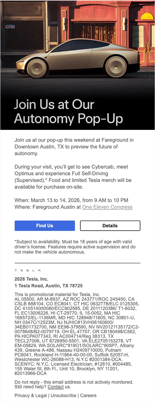 Tesla Cybertruck Cybercab + Optimus Pop-Up in Austin March 13-14, 2026 Screenshot 2026-03-12 at 14.55.32