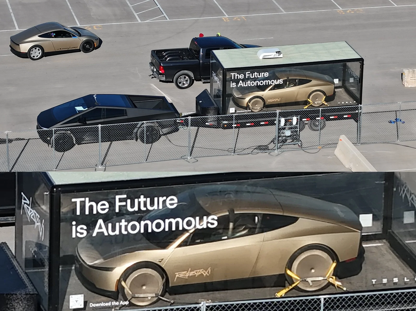 Cybercab Robotaxi Cybercab & Optimus display case towed by Cybertruck Cybertruck tows a Cybercab & Optimus in display case 5