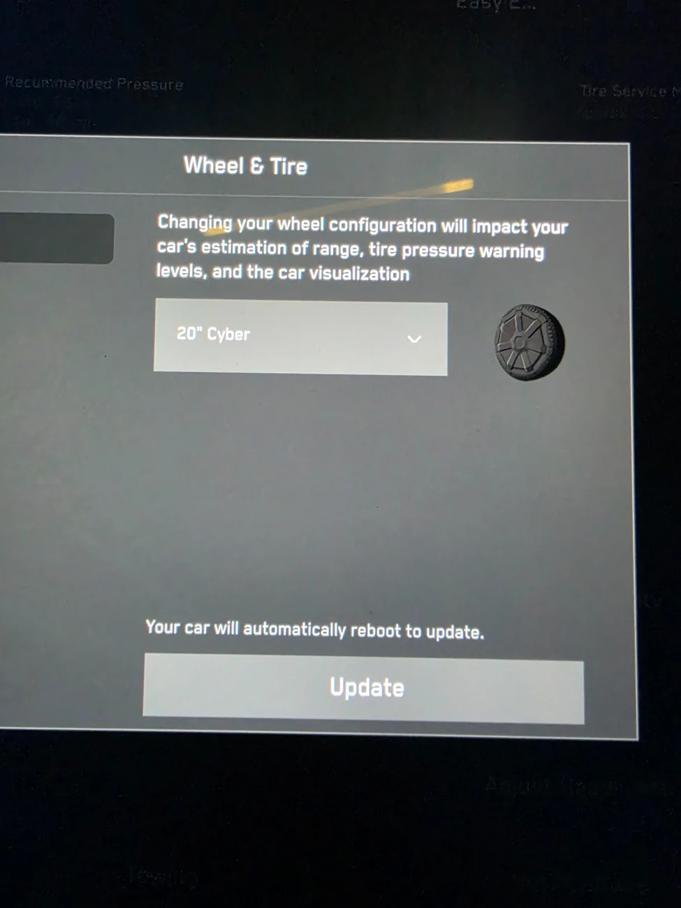 Tesla Cybertruck Changing to All Terrain Tires in the settings? 20260323_183640