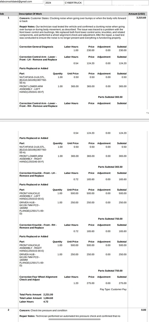 Tesla Cybertruck Had to replace lower control arms and knuckle 1000024362