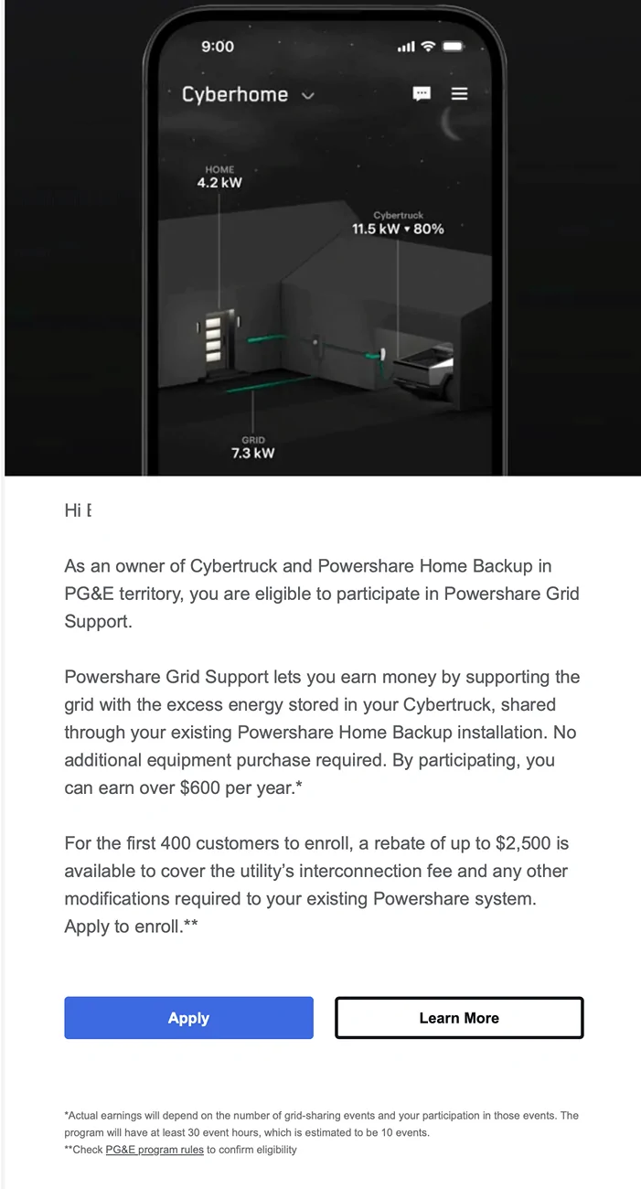Tesla Cybertruck PG&E PowerShare Grid Support Invitation PG&E CT Powershare program