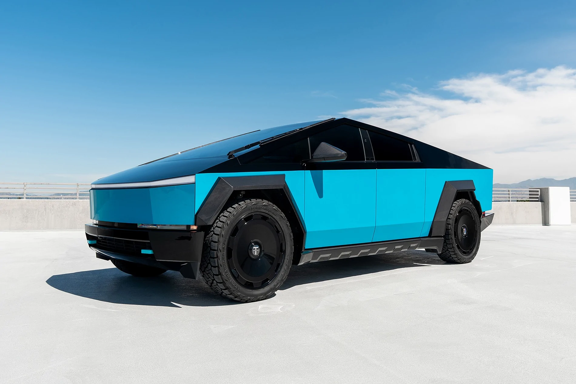 Tesla Cybertruck Two-Tone Miami Blue PPF on Cyber - with custom interior & body kit by T Sportline 1 tmaxx-miami-blue-tesla-cybertruck-gloss-black-upper-24-inch-wheels-ctm-carbon-fiber-wide-bo