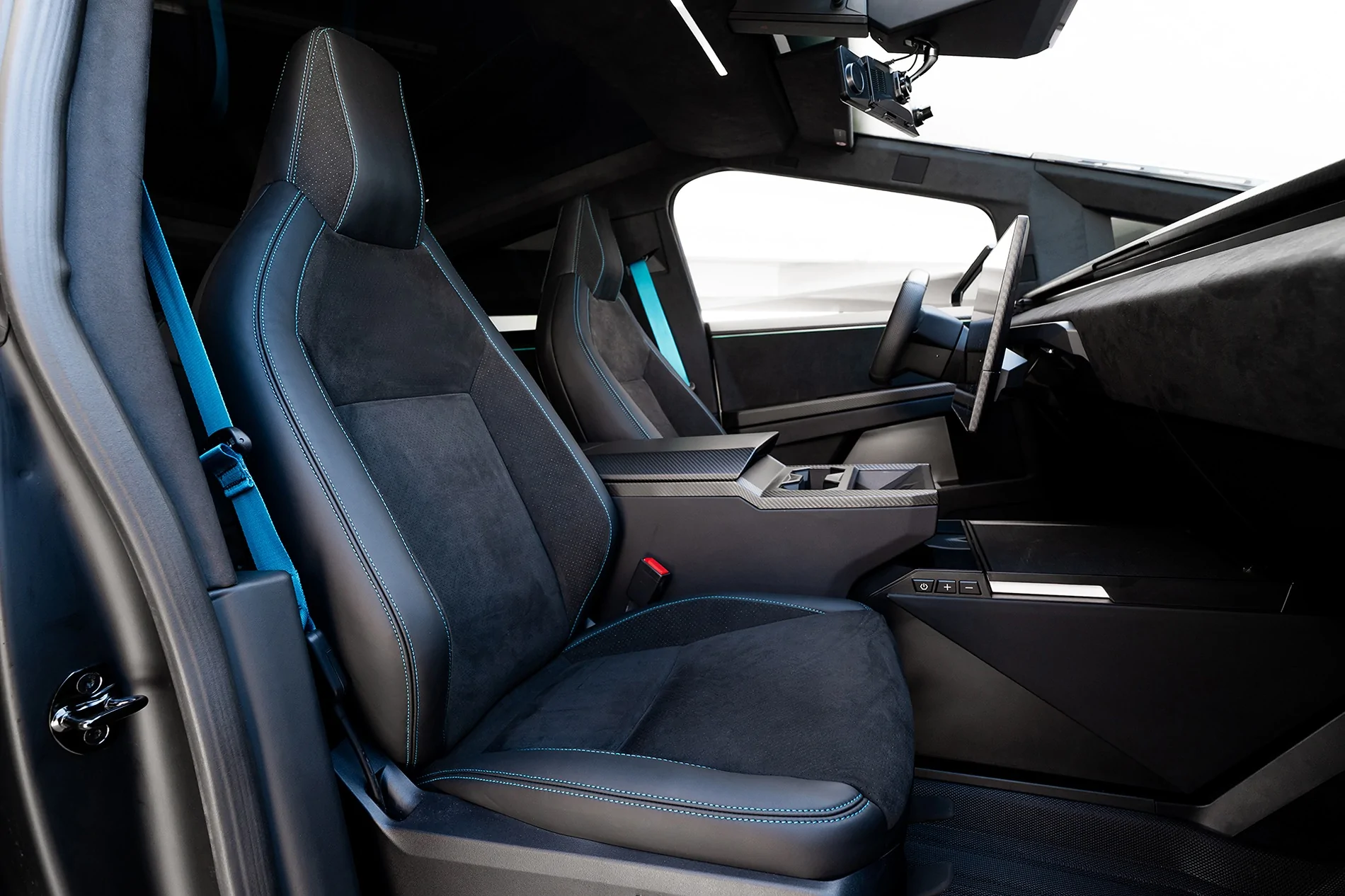 Tesla Cybertruck Two-Tone Miami Blue PPF on Cyber - with custom interior & body kit by T Sportline tesla-cybertruck-custom-interior-ferrari-black-leather-monza-suede-miami-blue-stitching-seat