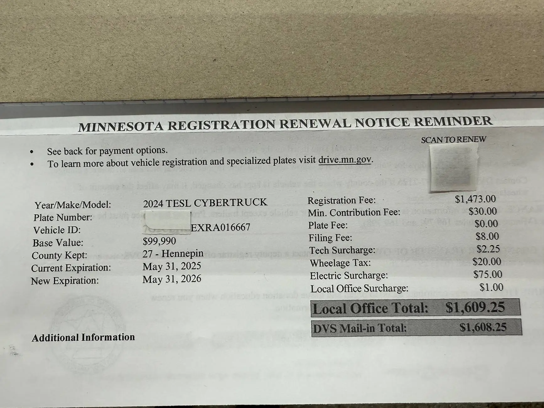 Tesla Cybertruck First registration renewal fee notice I was shocked [ADMIN WARNING: NO POLITICS] 1776697934480-qr