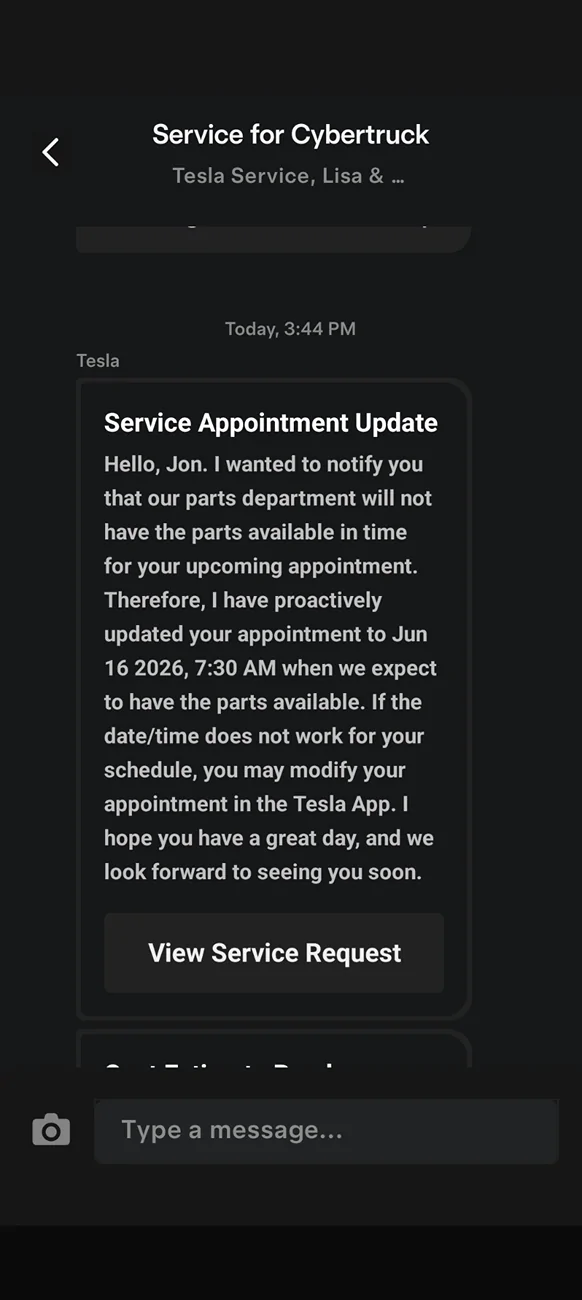 Tesla Cybertruck Tesla pushing update failed PCS to enable supercharging while awaiting PCS repair part Screenshot_20260421-160404