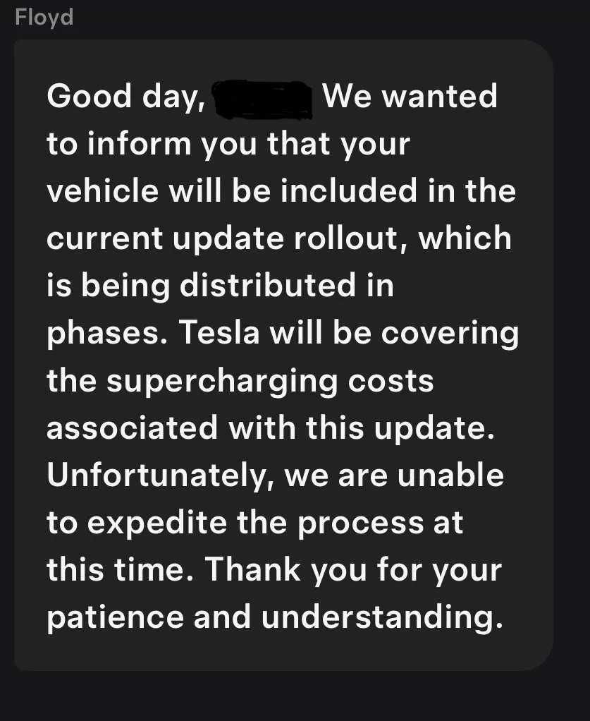 Tesla Cybertruck Tesla pushing update failed PCS to enable supercharging while awaiting PCS repair part IMG_1428