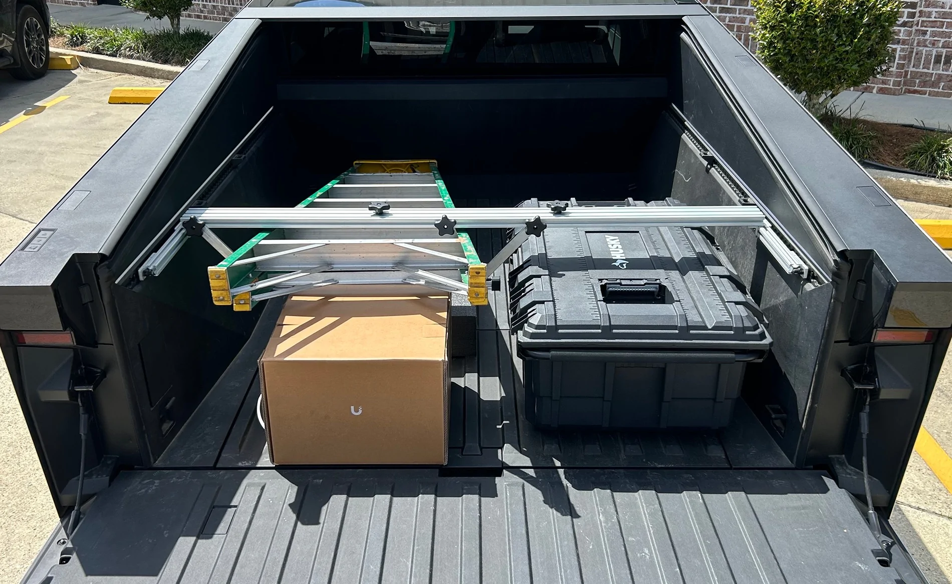 Tesla Cybertruck Custom DIY T-Slot Ladder Rack: Fit a 75-Inch Ladder in a 72-Inch Bed! CT 75 inch ladder in a 72 inch bed