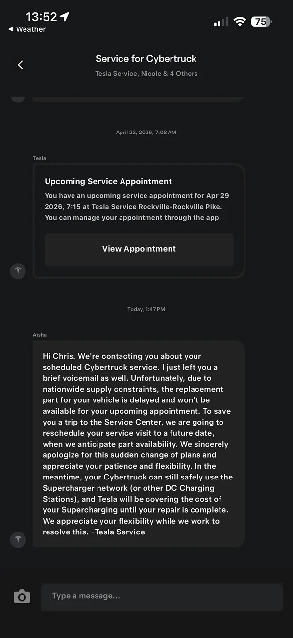 Tesla Cybertruck Tesla pushing update failed PCS to enable supercharging while awaiting PCS repair part IMG_1753