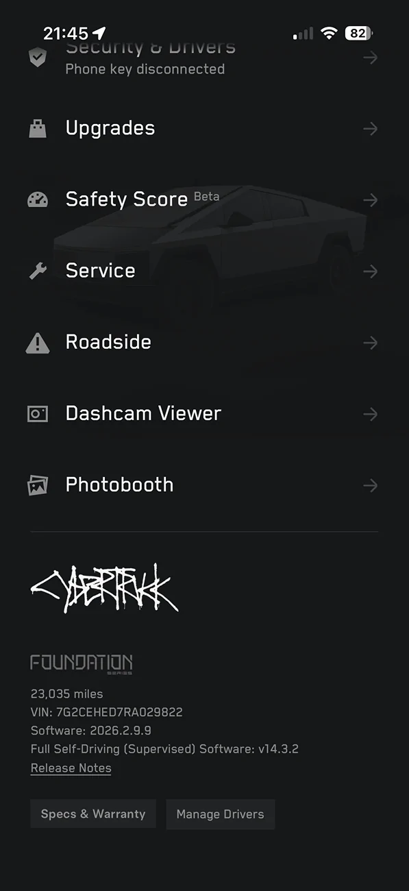 Tesla Cybertruck FSD v14.3.2 just dropped with 2026.2.9.9 update IMG_1057