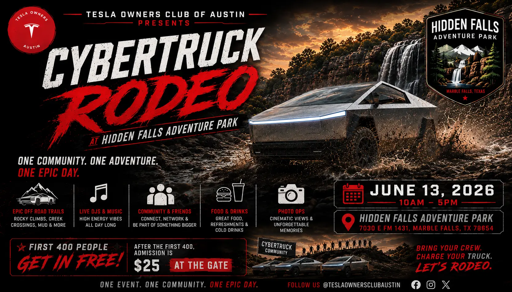 Tesla Cybertruck Cybertruck Rodeo Hidden Falls Adventure Park Sat, Jun 13 at 10:00 AM - 5:00 PM 52d03e5d-471a-45a1-bc04-b404a8178b7a