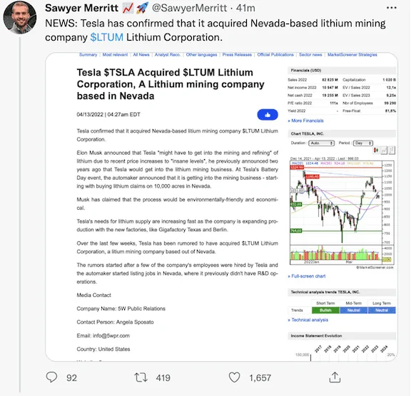 Tesla Cybertruck Tesla acquires $LTUM Lithium corporation UPDATE: FAKE NEWS Screen Shot 2022-04-13 at 11.06.17 AM
