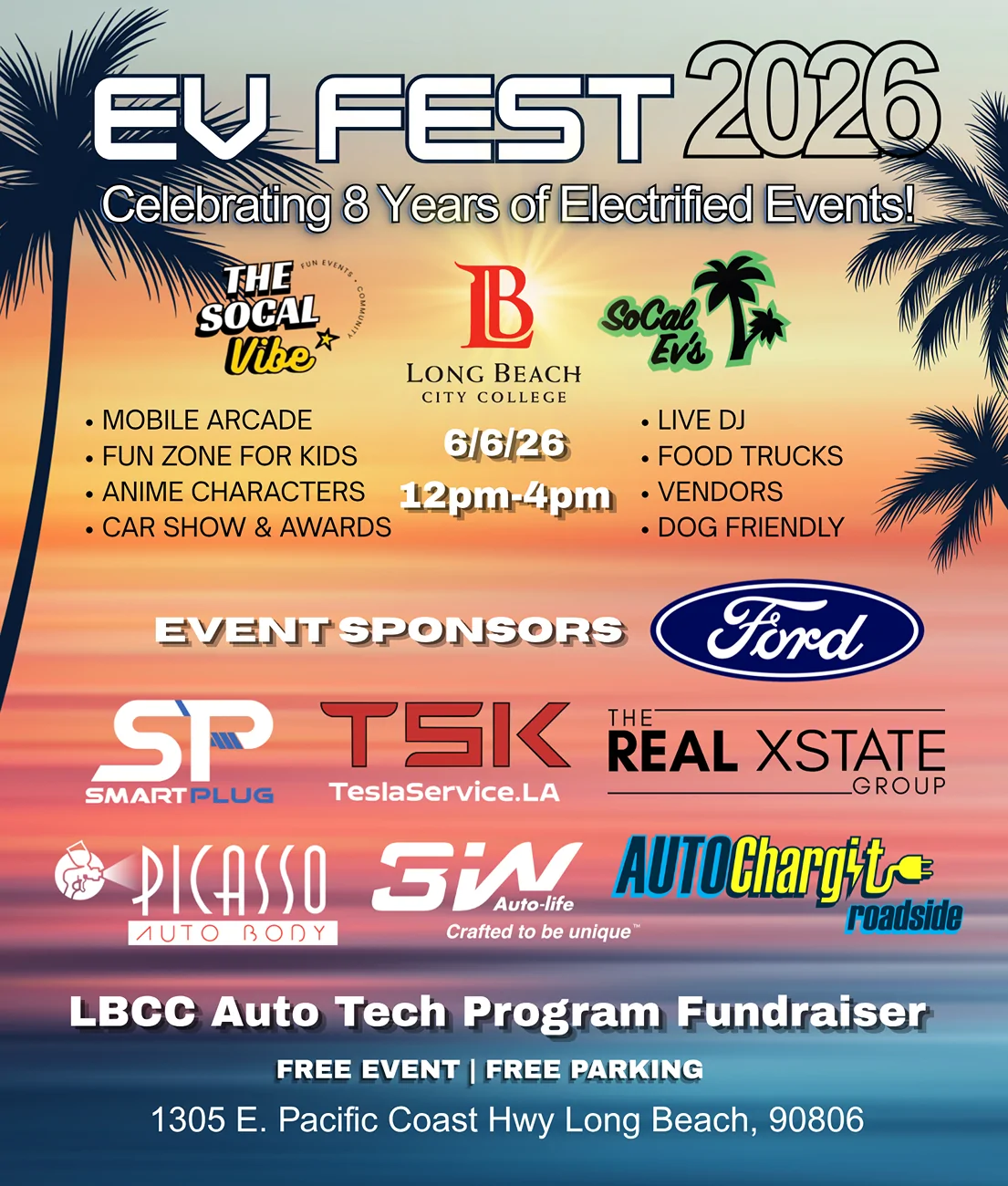 Tesla Cybertruck Free EVent- EV Fest 2026- June 6th Long Beach City College Red Blue Black Nature Sea Palm Trees Travel Agency Banner (8.5 x 20 in) (8.5 x 10 in)