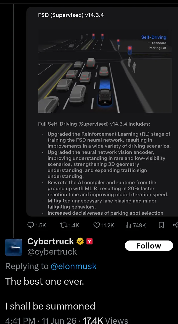 Tesla Cybertruck Summon (ASS) now rolling out with FSD Supervised v14.3.4 for Cybertruck! 3200