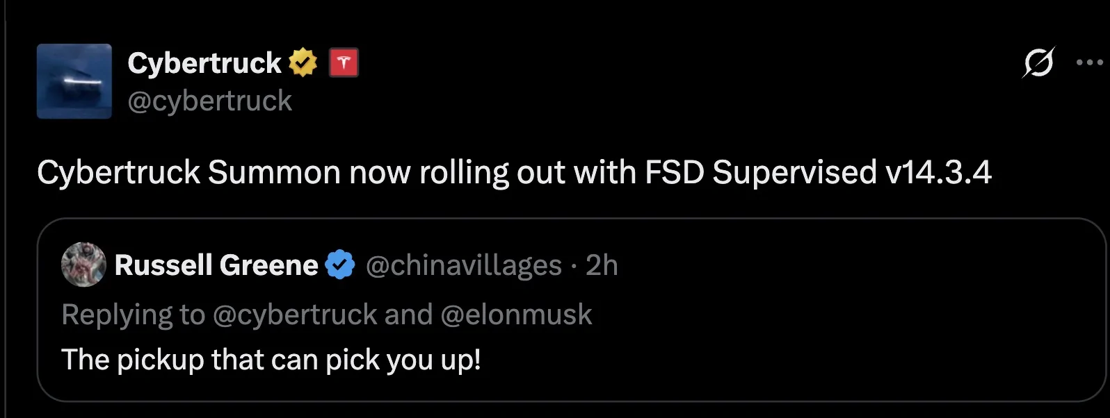 Tesla Cybertruck Summon (ASS) now rolling out with FSD Supervised v14.3.4 for Cybertruck! Screenshot 2026-06-11 at 6.15.53 PM