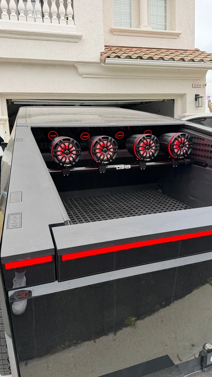 Tesla Cybertruck First Cybertruck wake tower speaker setup IMG_6252
