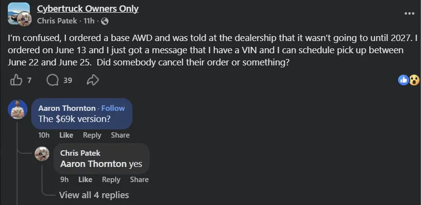 Tesla Cybertruck It appears Tesla is prioritizing 69k SAWD orders over the 59k SAWD orders. 1782242948967-o
