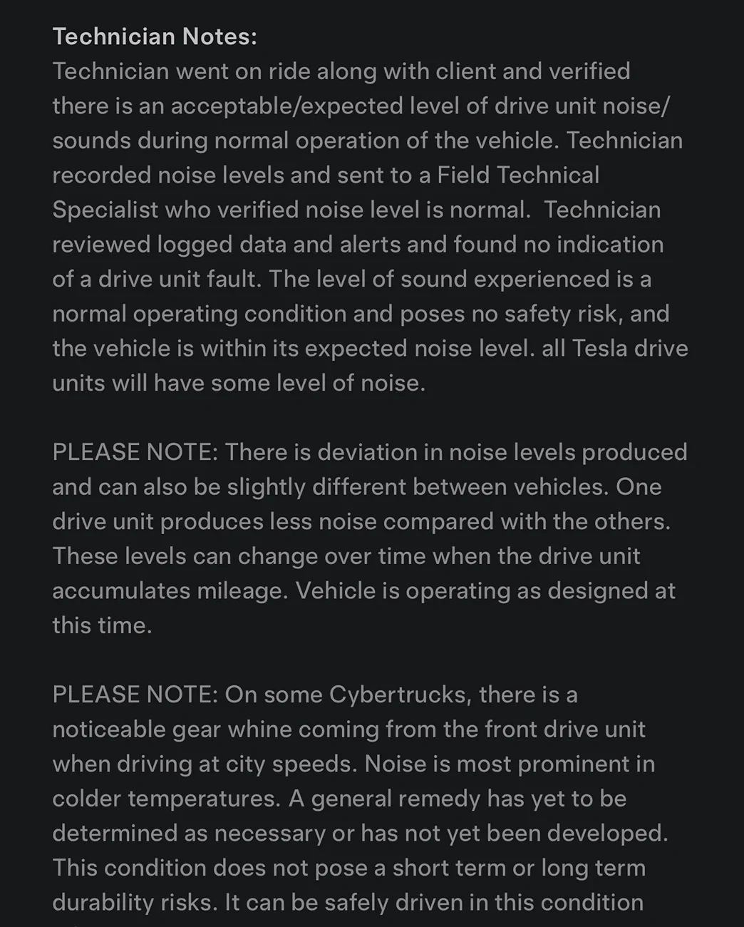Tesla Cybertruck Unresolved front drive unit noise, guidance or suggestions? IMG_2658