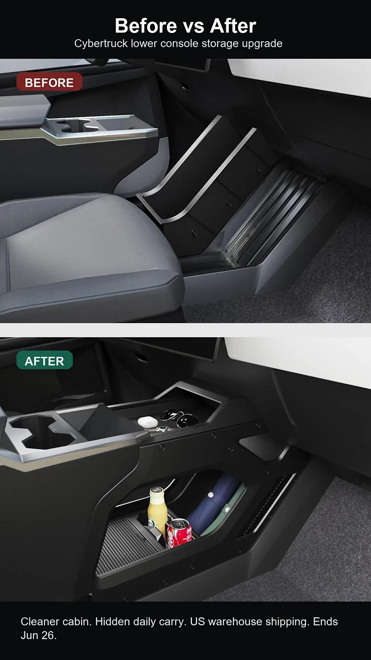 Tesla Cybertruck Cybertruck Lower Console Storage Box — Finally Using That Open Center Aisle Space 10_before_after_comparison_9x16