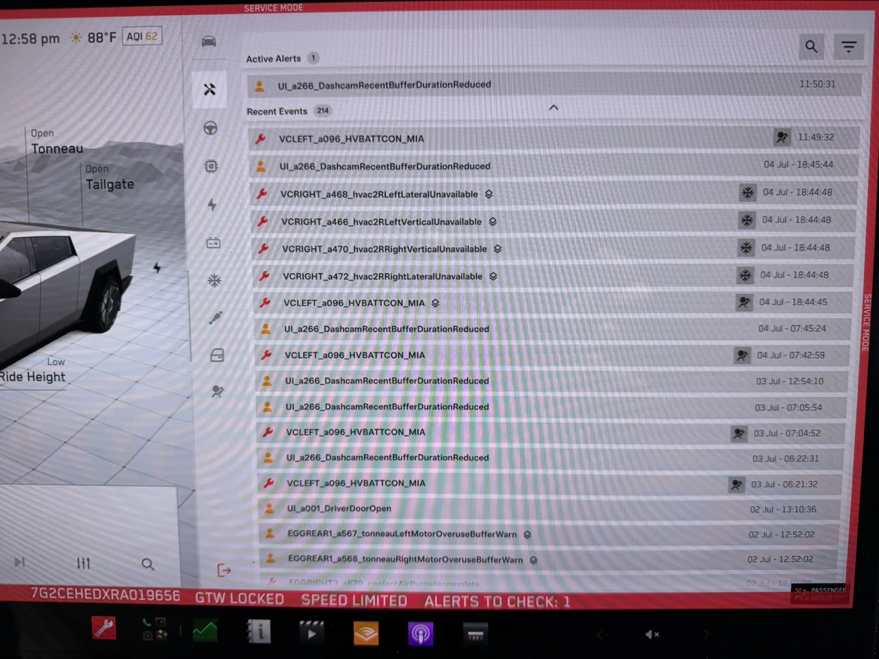 Tesla Cybertruck Post PCS2 Replacement - Smoke Gets in My Eyes Cybertruck_Service_Mode_2026_07_05_30_Minutes_After_Event Larg
