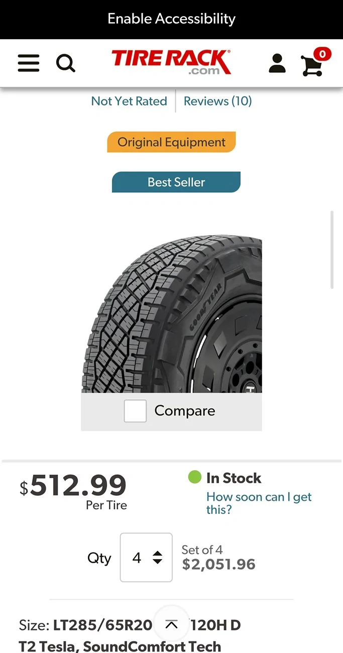 Tesla Cybertruck For sale $1850 Set Of (4) Tesla Cybertruck Tires 285/65R20 Goodyear Wrangler Territory 10.5-11 ( almost new 98%) Free shipping Screenshot_20260711_164934_Samsung Browser