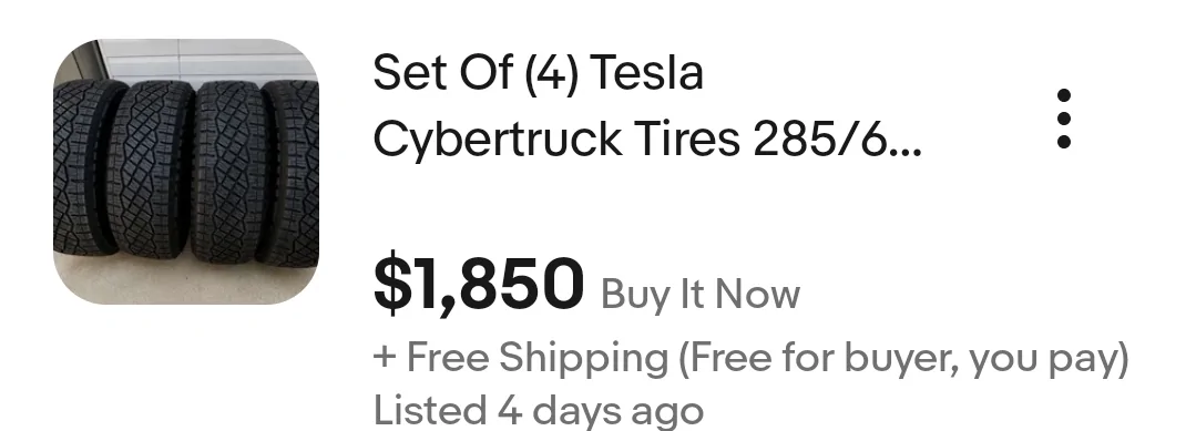 Tesla Cybertruck For sale $1850 Set Of (4) Tesla Cybertruck Tires 285/65R20 Goodyear Wrangler Territory 10.5-11 ( almost new 98%) Free shipping Screenshot_20260711_165802_eBay