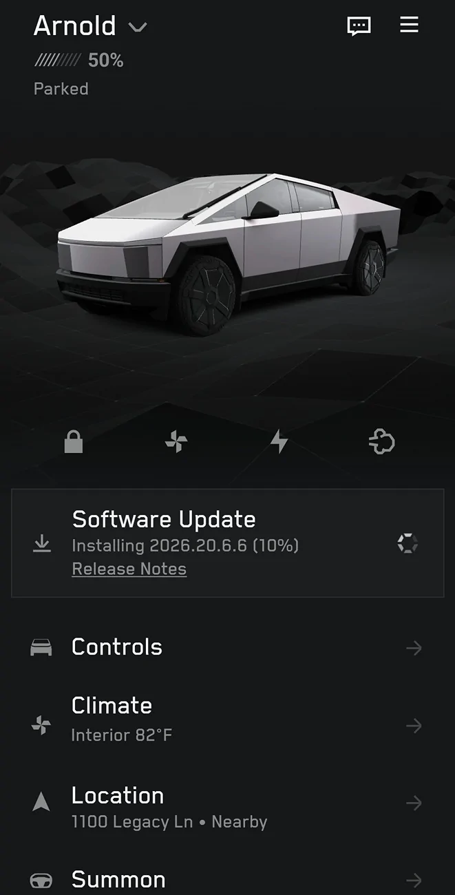 Tesla Cybertruck 2026.20.6.6 update now installing 1000094634